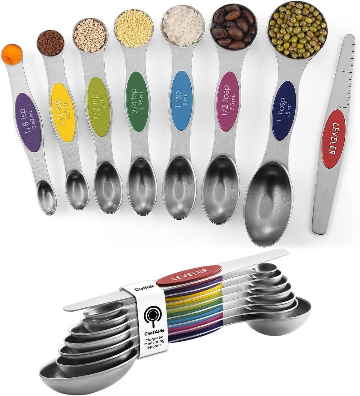 Magnetic Measuring Spoons Set Stainless Steel with Leveler, Stackable Metal Tablespoon Measure Spoon for Baking, Cups and Spoon Set Kitchen Gadgets Apartment Essentials Fits in Spice Jars