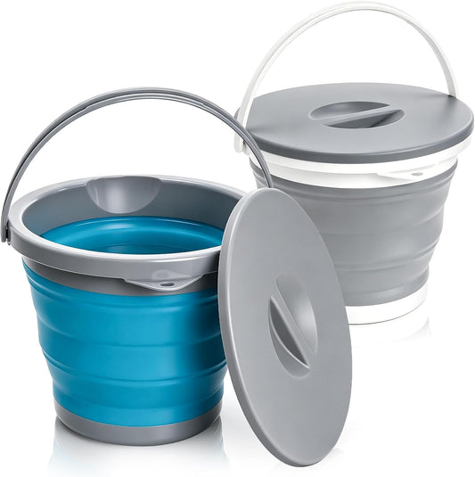 Bekith 2 Pack Collapsible Plastic Bucket with Locking Lid, 5L / 1.32 Gallon Foldable round Tub Portable Fishing Water Pail for Hiking, Backpacking, Camping and Outdoor Survival (Blue, Gray)