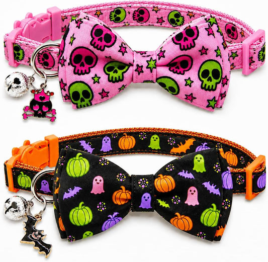 2 Pack Halloween Cat Collars with Bow Ties, Hot Pink Skull & Pumpkin Ghost Breakaway Kitten Collars with Bells and Charms, Cute Spooky Halloween Costume Accessories for Boy Girl Cats Kitties