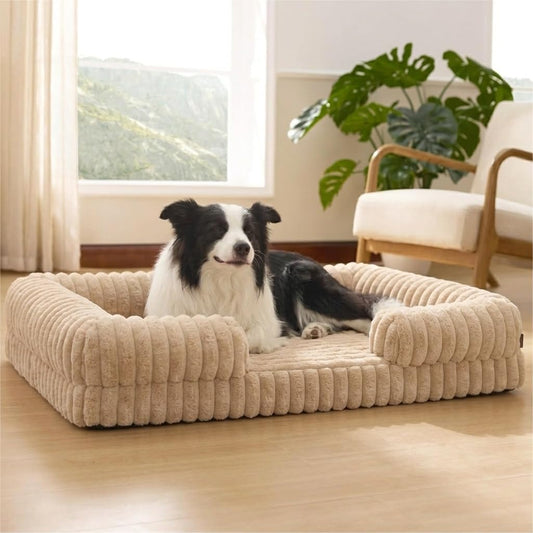 Orthopedic Large Dog Bed with Raised Bolster Walls, Washable Striped Plush Calming Pet Sofa Couch, Anti-Slip Indoor Joint Support Dog Bed for Large Breed Dogs.
