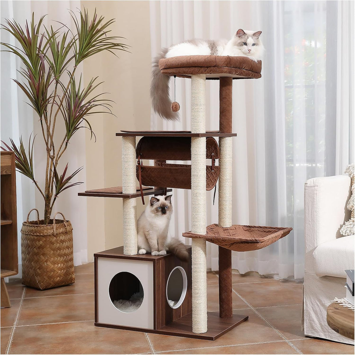 52" Wood Cat Tree for Large Cats, Modern Cat Tower with Fully Sisal Covered Scratching Posts, Luxury Cat Furniture with Spacious Perch, Super Large Hammock, Cozy Condo and Swing Tunnel Brown