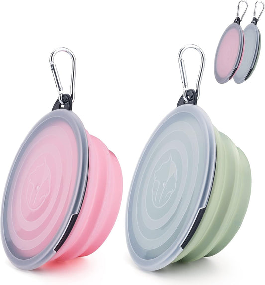 SLSON Collapsible Pet Feeder, 2 Pack Dog Bowls with Cover Lids, Portable Foldable Cat Water Dish Bowl for Pets, Small, Fairy Pink and Sprout Green
