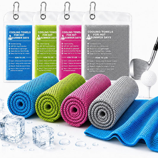 4 Packs Cooling Towel, 40" X 12" Microfiber Cooling Towels for Neck and Face, Soft Breathable Gym Towel for Working Out with Waterproof Bag & Carabiner, Sweat Towels for Running, Yoga, Travel, Climb