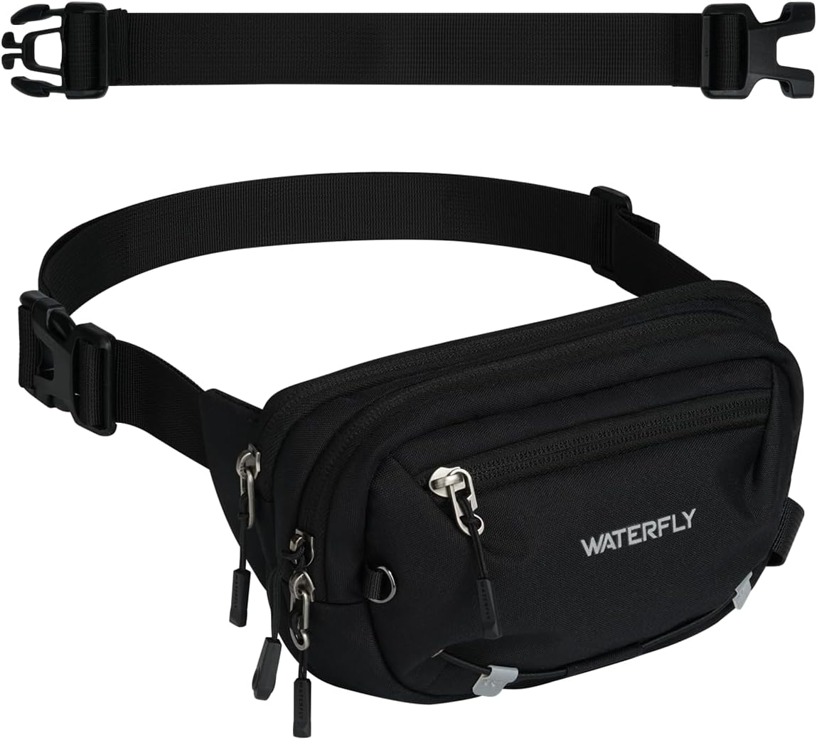 WATERFLY Small RFID Fanny Pack: 1.5L Waist Bag 12" Extender Belt for Hiking