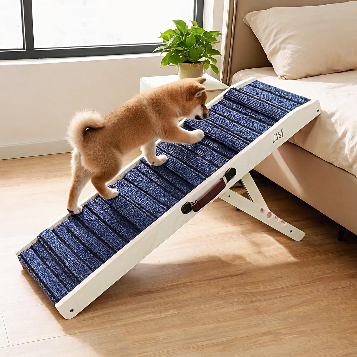 ZJSF Foldable Wooden Dog Ramp for High Bed, Dog Stairs for Small Dogs, High Traction Platform with 4 Adjustable Heights (5"-20.5"), 31.5" L, Supports up to 70 Lbs,Small Size for Puppies