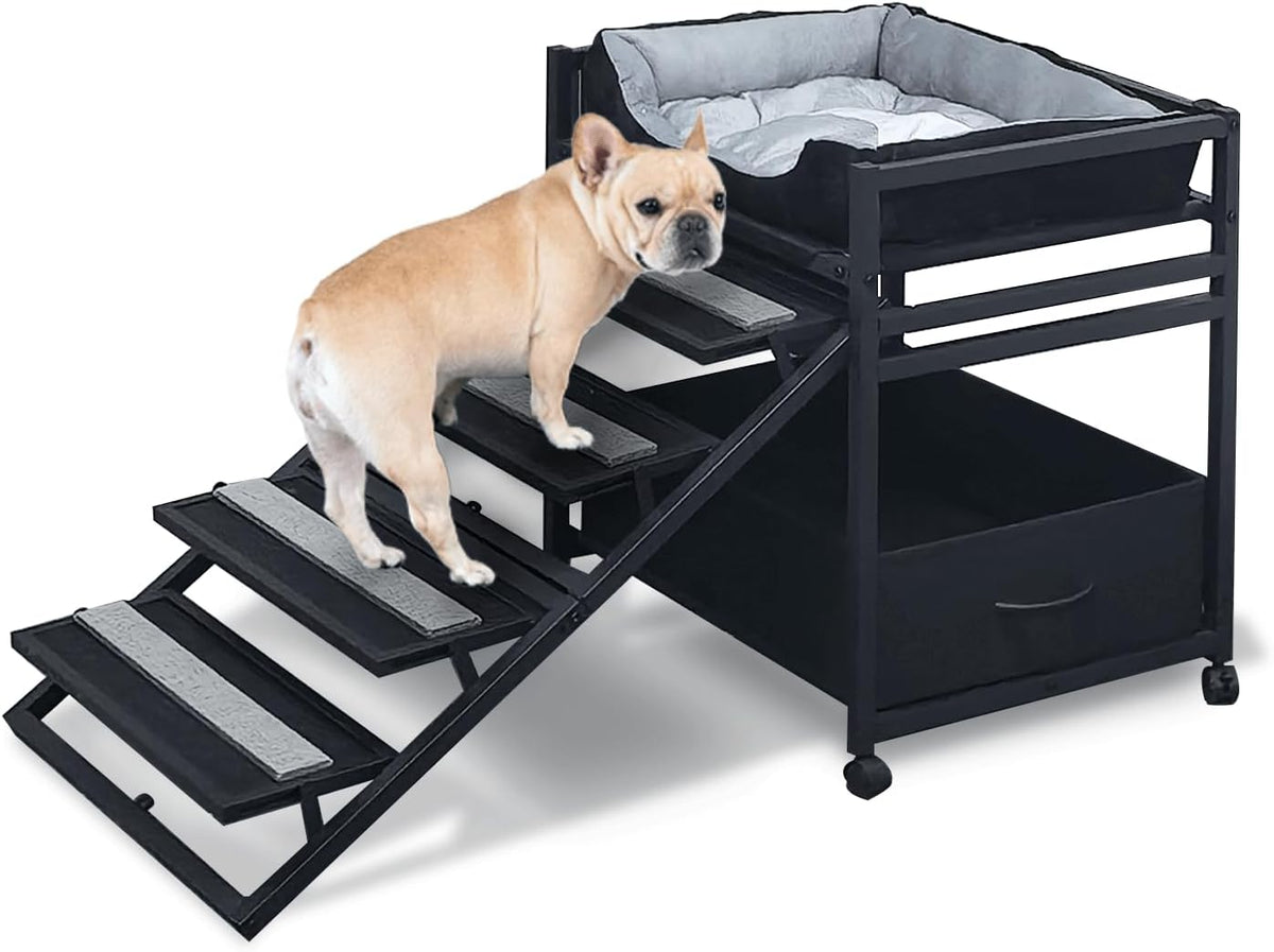 Pet Steps 2-In-1 Foldable Stairs & Ramp with Cats/Dogs Chair with Ramp High Beds, Folding Pet Steps for Medium Small Dogs, Cat Ladder, with Storage Cabinet
