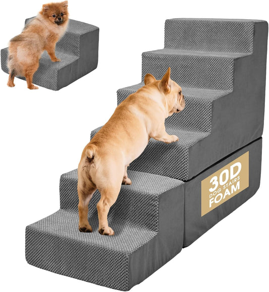 Dog Stairs for High Beds 30" H, 6-Step Foam Dog Steps for Small Medium Large Dogs and Cats, High Density Pet Stairs for Beds with Washable Cover, Non-Slip Bottom, Indoor Grey