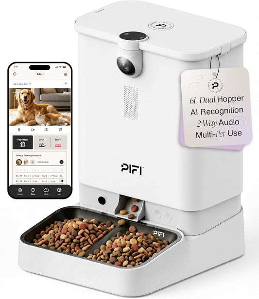 Automatic Cat Feeder with Camera for Multiple Cats & Dogs, 6L Dual Hopper