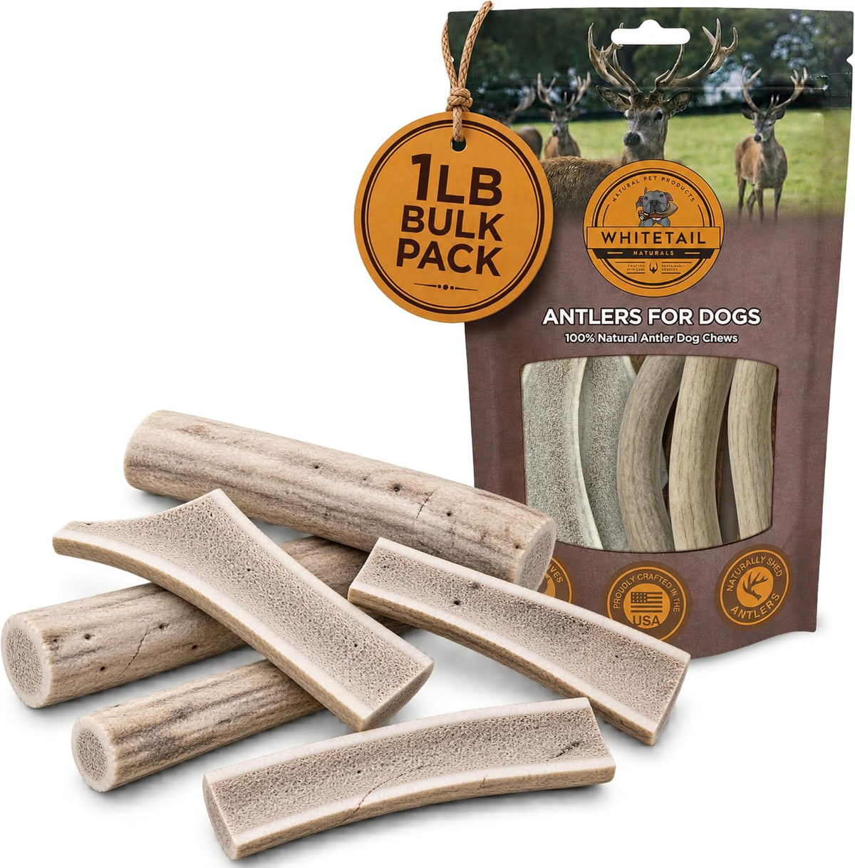 Whitetail Naturals Economy Deer Antlers for Dogs, 1 Lb Bulk, 4-5 Ct