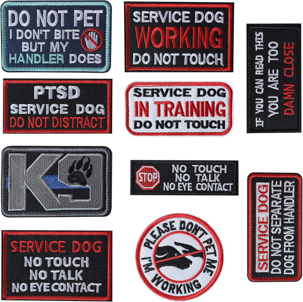 10 Pieces Service Dog K9 Please Don'T Pet Me in Training No Touch Full Embroidered Badge Emblem Patch for Service Dogs Harness Vest Clothes