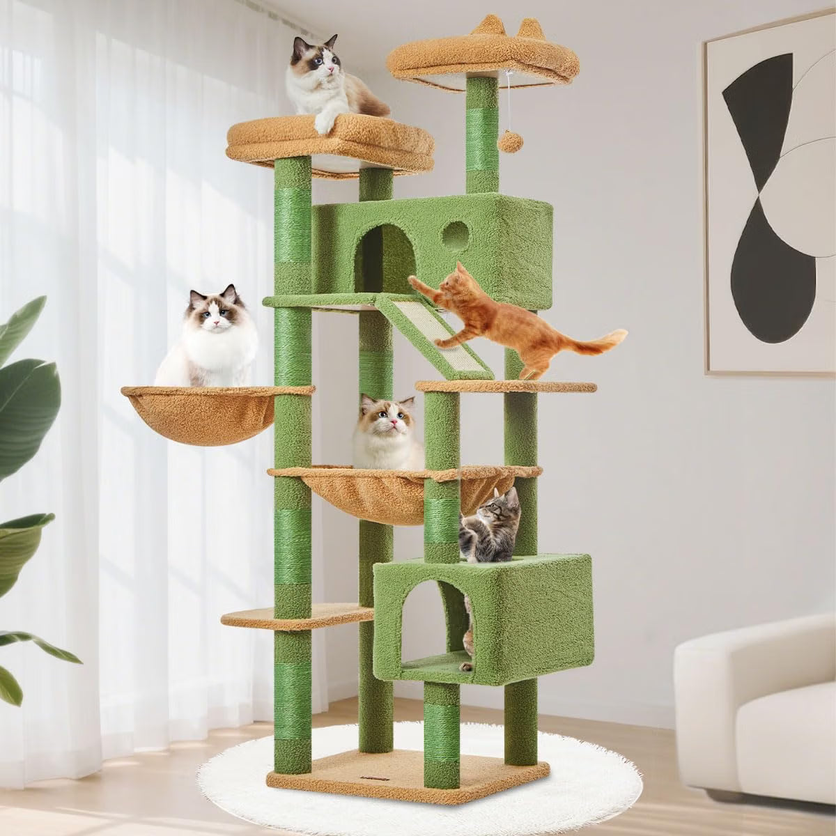 AIWIKIDE 37.4" Cactus Cat Tree Tower with Twin Cat Condos for Indoor Cats, All-In-One Activity Center with Cat Scratching Post Cozy Sleeping Perch Hammock and Toy Balls,Green