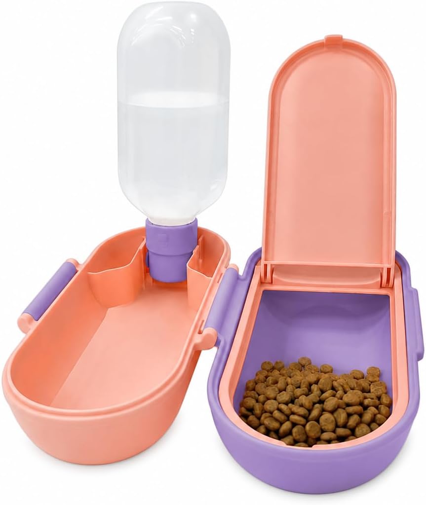 2-In-1 Dog Water Bottle with Food Container (10Oz + 9.5Oz), Leak-Proof Portable Dog Travel Water Bottle with Built-In Bowl & Dispenser, Easy to Use (Pink&Purple)