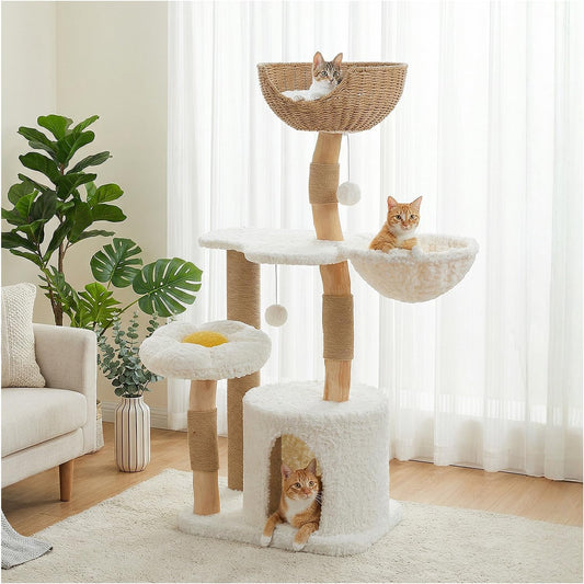 PETEPELA Boho Cat Tree for Large Cats, 48.5" Flower Cat Tower, White