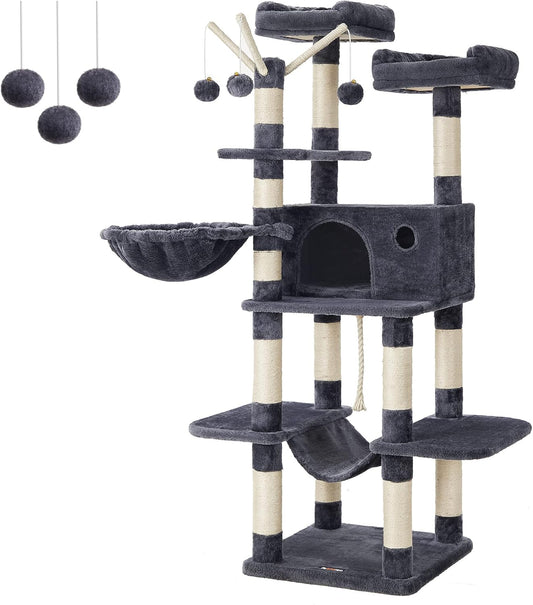 Feandrea Cat Tree, 62.4 Inches, Activity Center with Hammock, Basket