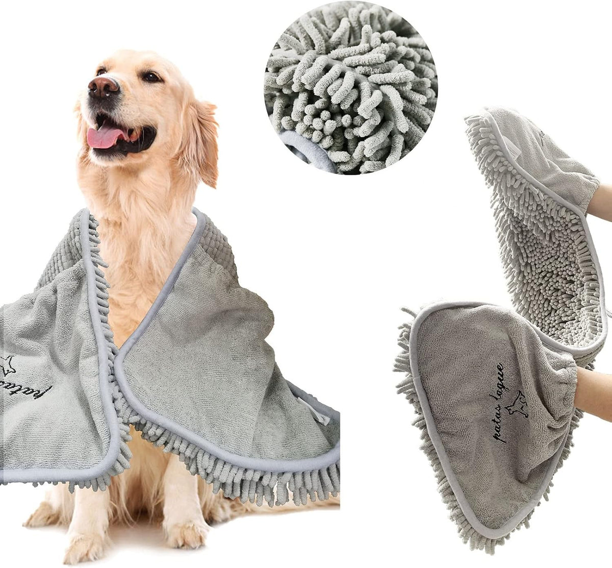 Patas Lague Absorbent Dog Towel for Drying Dogs Large, 35''X15'' Extra Large Microfiber Quick Drying Pet Bath Towel with Hand Pockets, Machine Washable Pet Shammy Grey