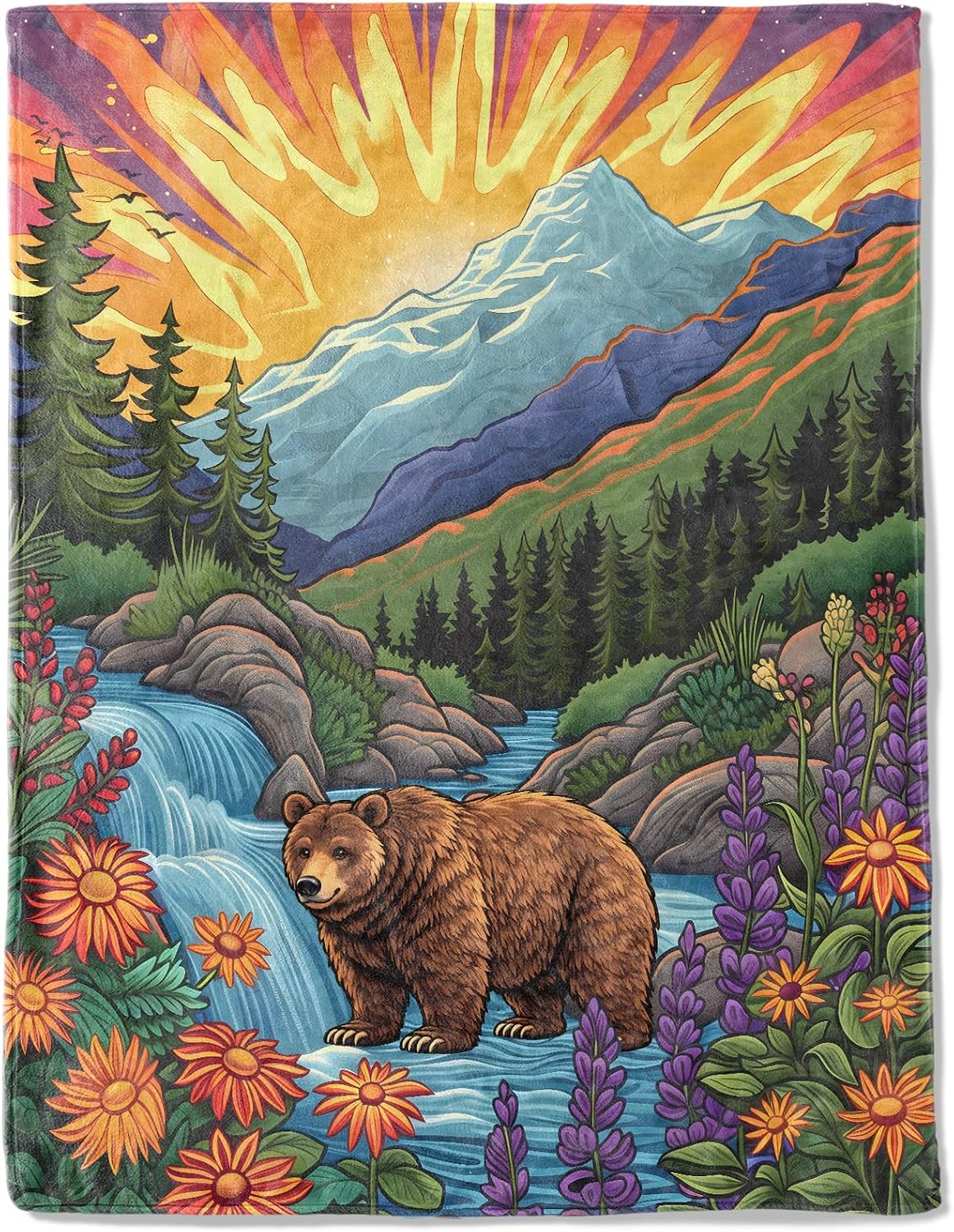Majestic Bear Forest Fleece Blanket,Rustic Woodland with Animal and Floral Blankets,Decorative Throws for Sofa,Car,Travel,Camping,Lightweight Throw Gifts for Nature and Wildlife Lovers 50”X60”