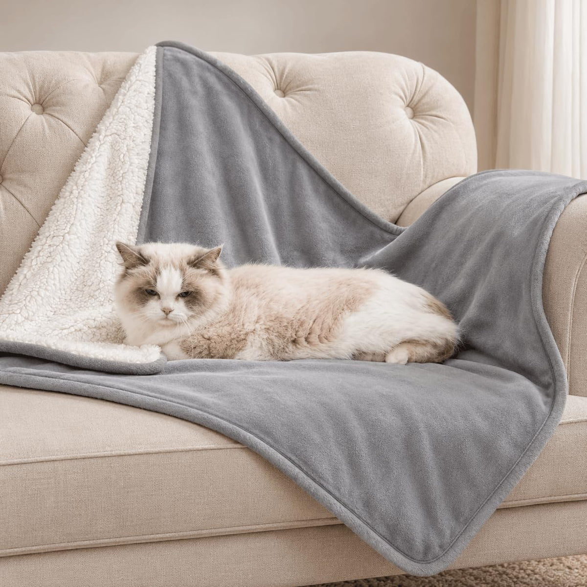 Cat Blankets for Indoor Cats, Washable Fleece Sherpa Pet Throw (Grey)