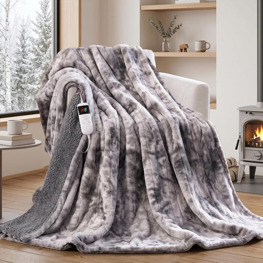 Heated Electric Blanket Throw 50''X60'' - Fast Tie-Dye Heating Blanket, Washable Heat Blanket 10 Heating Settings, 8H Timer Auto off & Heated Protection, Soft Flannel & Sherpa Material