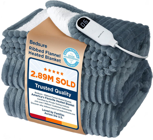Bedsure Gentlesoft Heated Blanket Throw - Soft Ribbed Flannel Electric Blanket, Gifts for Grandma (50X60 Inches, Grey)