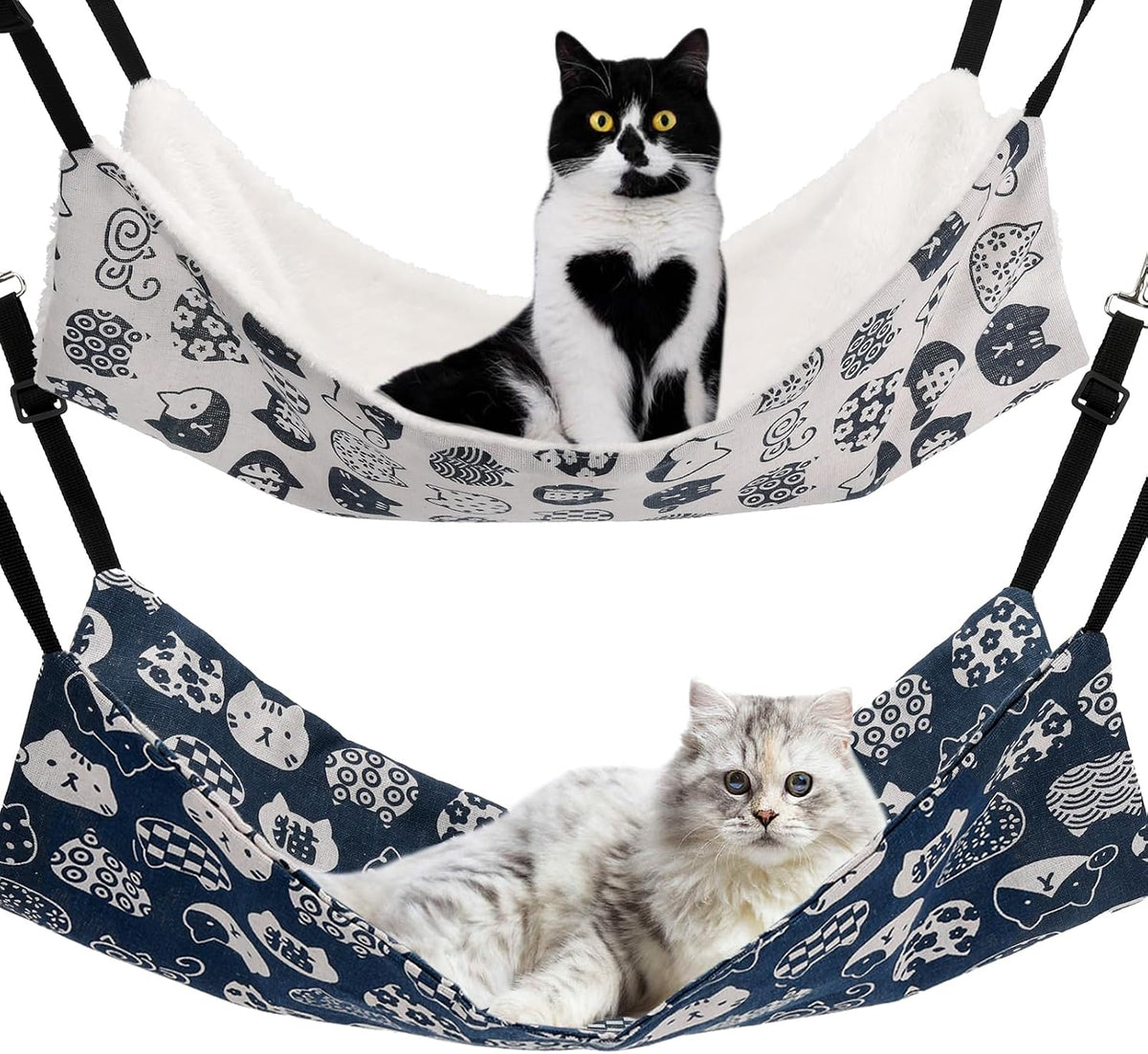 Fantasreen Reversible Cat Hanging Hammock 2-Pack Adjustable Straps for Indoor