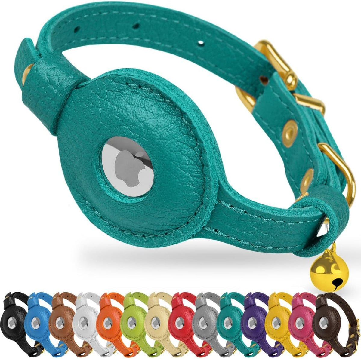 OOPSDOGGY Leather Airtag Cat Collar with Bell - Non Breakaway Kitten Collar with Apple Air Tag Holder - Lightweight GPS Pet Collars for Girl Boy Cats, Small Dogs, Puppies (Aquamarine)