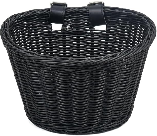 Black Wicker Bike Basket – Front Mount with Cup Holder for Adults