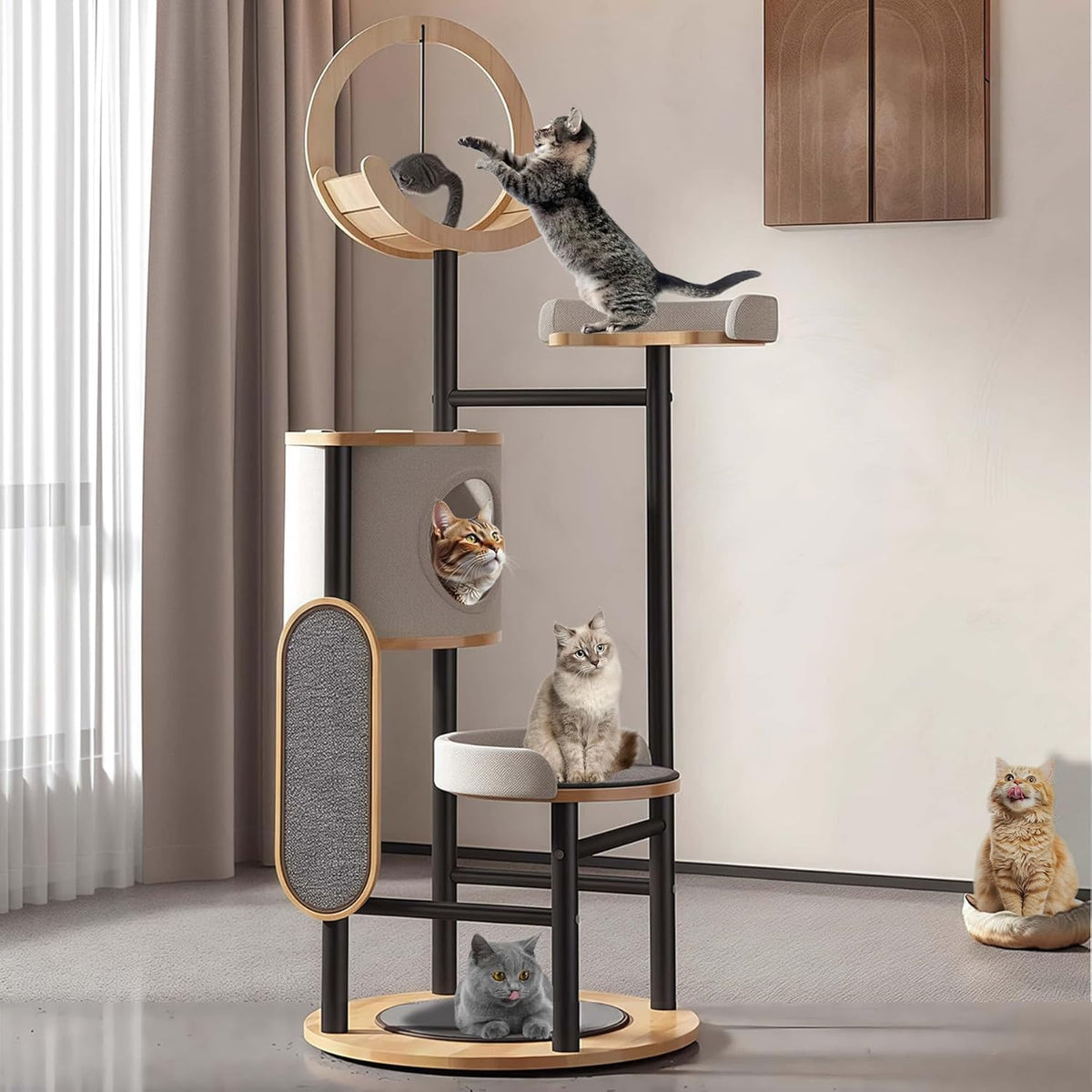 66'' Corner Cat Tree, Heavy Duty Multi-Level Cat Tree Tower with Scratching Post, Large Platform, Hammock, Dangling Ball, Carbon Steel Material Cats Condo for Large Cats 20 Lbs
