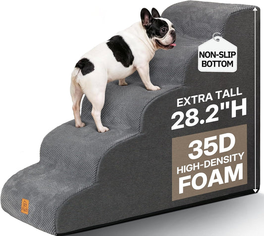 Dog Stairs for High Beds up to 30" H with Tunnel,Extra Height 27.5" 5-Step Pet Steps for Small Dogs and Cats, Non-Slip Sturdy Dog Ramp with Anti-Tip Safety Strap and Removable Cover