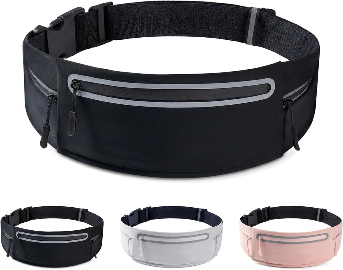 Running Belt for Women Men, Slim No-Bounce Waist Pack, Water Resistant Reflective Phone Holder Fits Phones up to 7.5 Inch, Adjustable Fanny Pack for Running Jogging Hiking（Black）