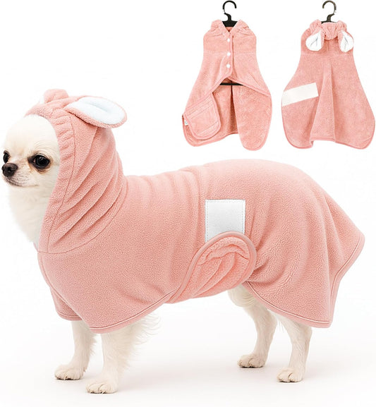 Pet Bathrobe Towel Dog Cat Drying Coat Super Absorbent Cute Dogs Bath Towel Hooded Robe Adjustable Collar & Belly Strap for Xsmall to Xlarge Pets (Coralpink, Small)