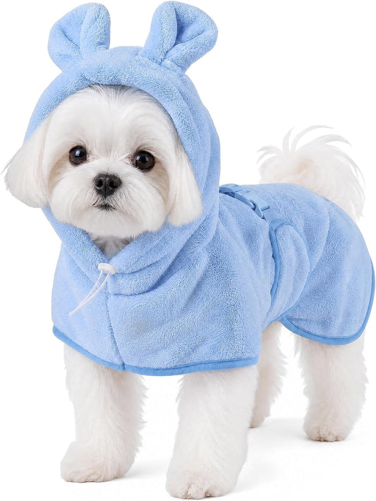 Dog Bathrobe Absorbent Microfiber Pet Drying Robe with 3D Ear Hood, Snap Button Color Flannel Dog Towel Pajama for Small Medium Dogs