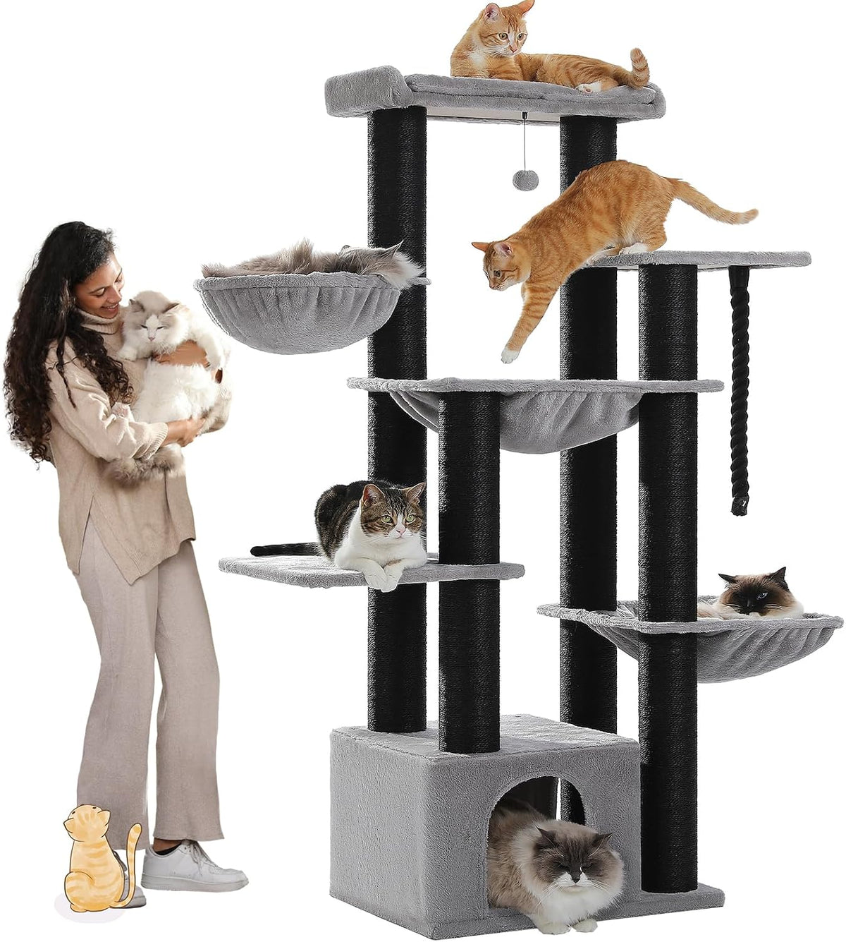 MUTTROS 67" Cat Tree with 13 Thick Posts & 3 Hammocks, Maine Coon, Gray