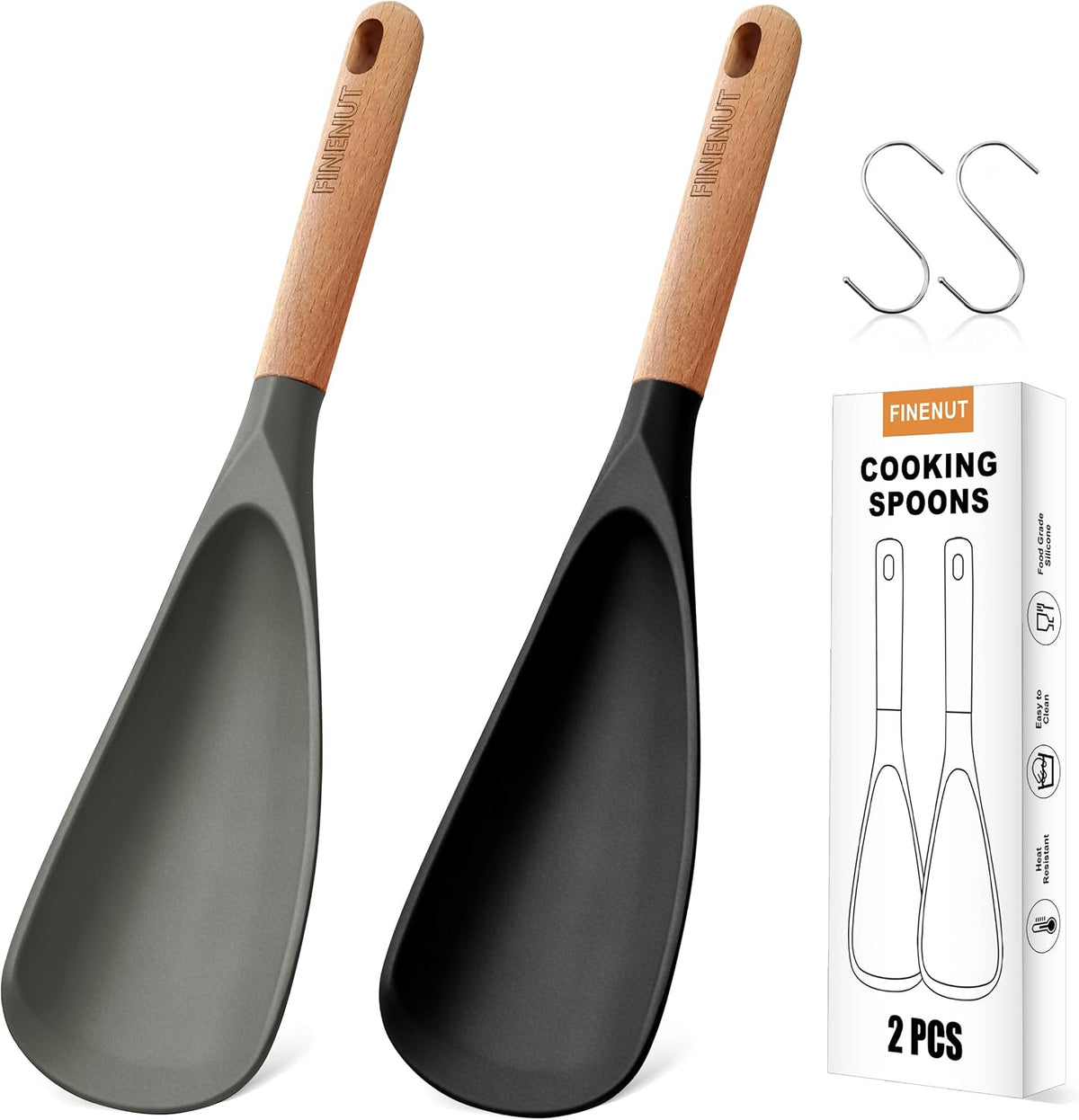 2-Pack Silicone Cooking Spoons, Multifunction Spatula & S-Hooks