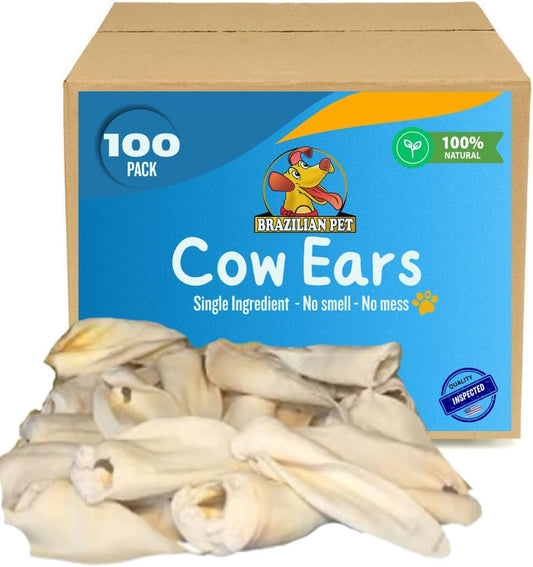 Brazilian Pet 100% Natural Real Cow Ears (100 Pack) Prime Dog Chews, over 5 Inches Free Range Grass Fed Cattle, No Additives, Chemicals or Hormones