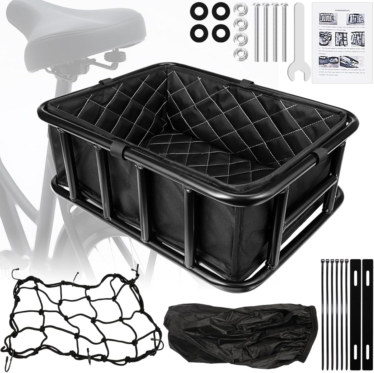 Bike Basket Rear, Bicycle Basket with Liner Bag, Waterproof Cover & Cargo Net, Heavy Duty Large Bike Basket for Most Bikes and E-Bike