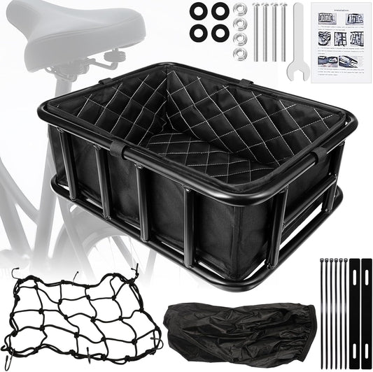 Bike Basket Rear, Bicycle Basket with Liner Bag, Waterproof Cover & Cargo Net, Heavy Duty Large Bike Basket for Most Bikes and E-Bike