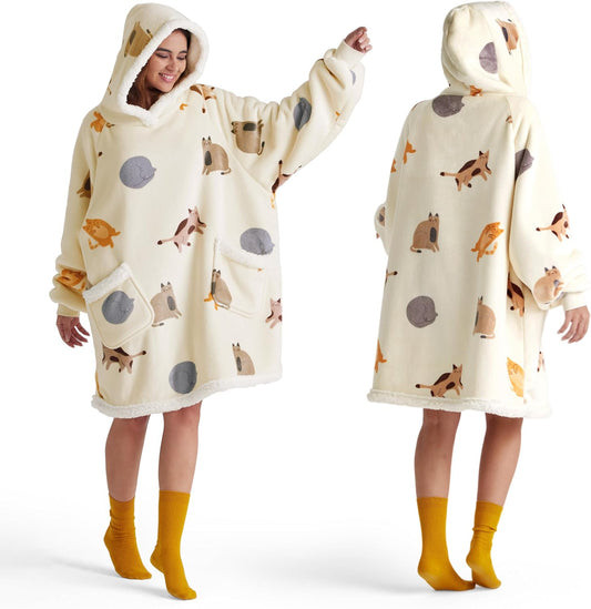 Bedsure Wearable Blanket Sherpa Printed Hoodie, Cat Gift for Women