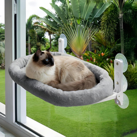 Cat Window Perch – Strong 6 Suction Cup Foldable Cat Hammock Bed for Large Cats and Kittens That Holds up to 50 Lbs with Washable Reversible Cover, Sturdy Metal Frame for Window (White)