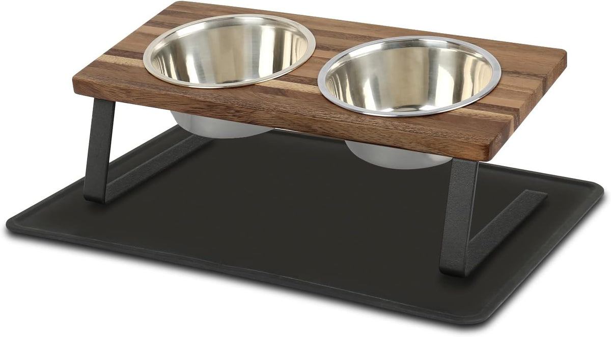 Aivituvin Elevated Dog Bowls, 15°Tilted Raised Cat Food Bowl, Walnut Wood Water Stand Feeder Set for Cats and Puppy, Pet Bowls with anti Slip Mat(Small)