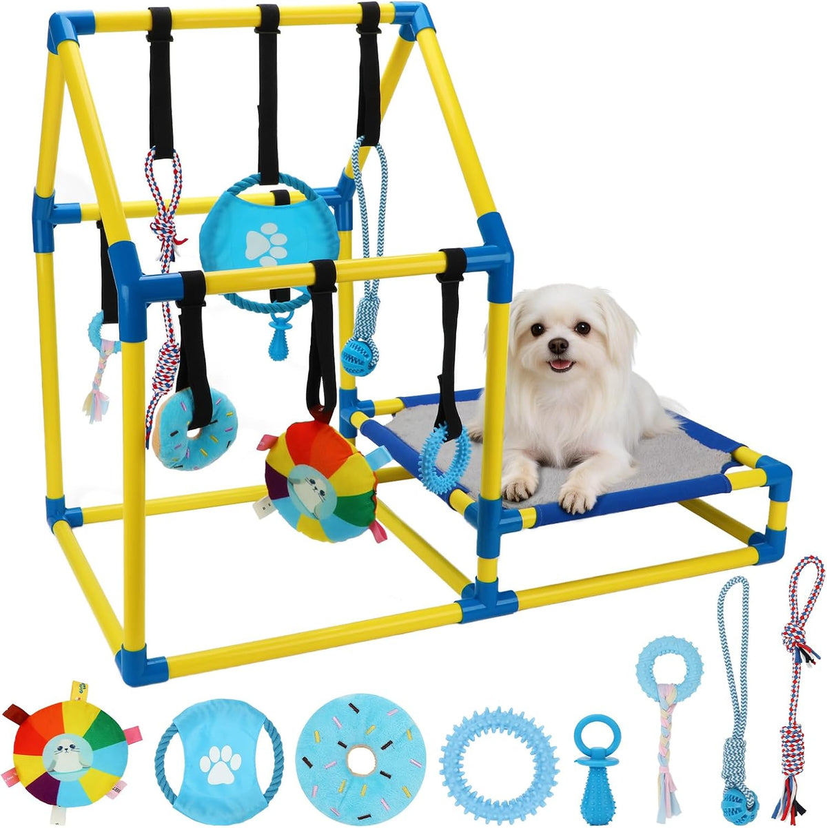 Puppy Play Gym Activity Center, Dog Indoor Jungle Gym with 8 Toys