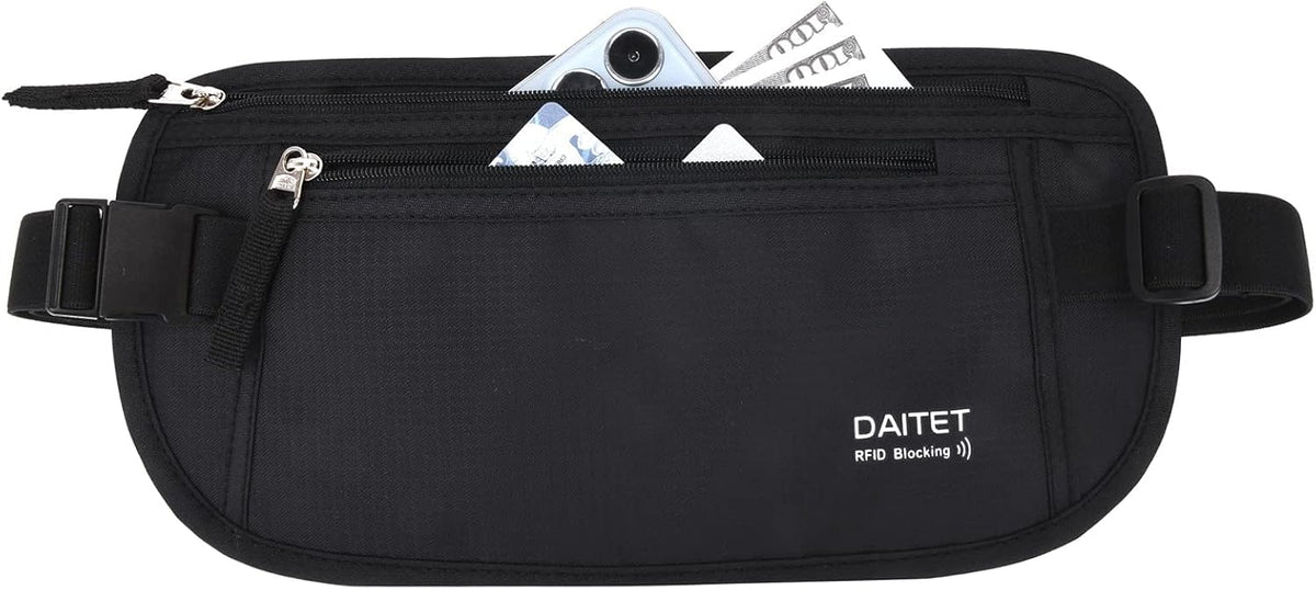 Money Belt - Passport Holder Secure Hidden Travel Wallet with RFID Blocking, Undercover Fanny Pack (Black)