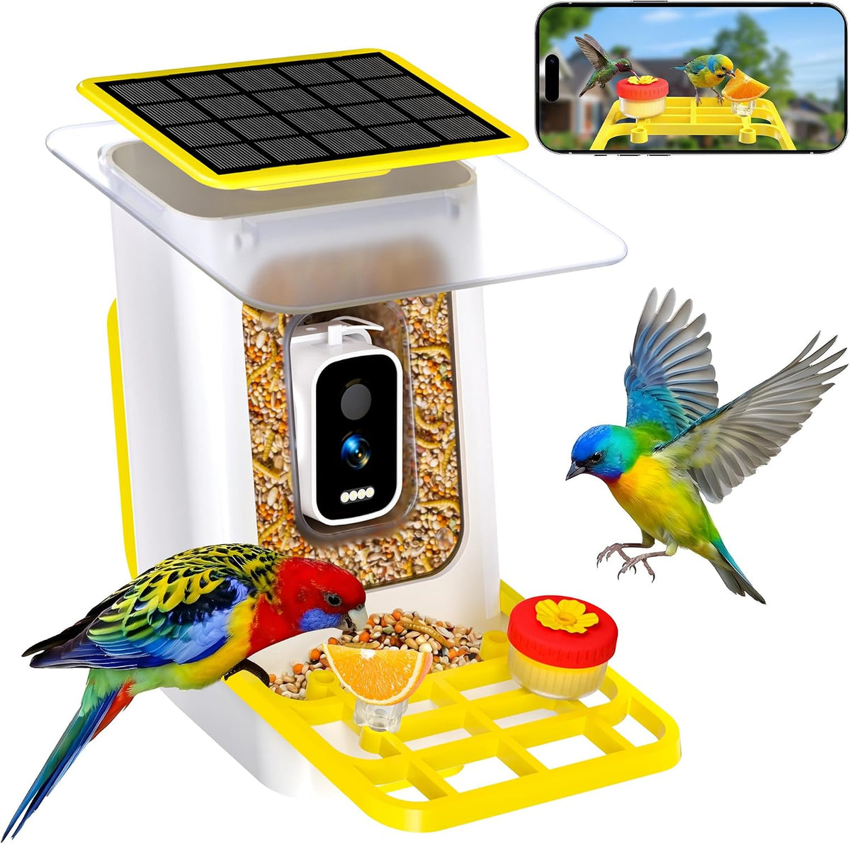 Bird Feeder with Camera, GTSABWAY Smart AI Identify Birds Camera with Solar Powered, Wireless Auto Record 5M HD Birds Video in Backyard, Instant Notifications - Yellow