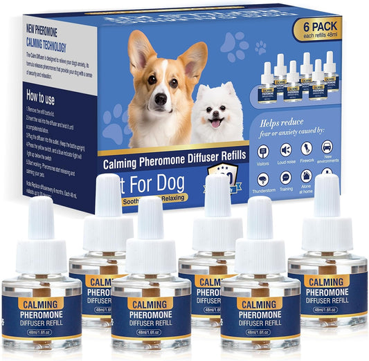 Dog Calming Diffuser Refills 6 Pack Pheromone Appeasing Pet Pheromones Refill 48Ml to Calm for Anxiety Relief Reduce Aggression Stress Fighting Barking Fit Common Diffusers Plug in 180 Day(Tasteless)