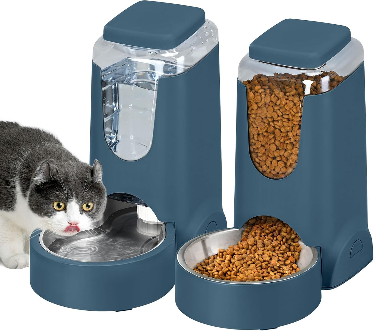 2 Pack Automatic Cat Feeder and Gravity Stainless Steel Water Dispenser, Dog Food Feeder and Waterer Set for Small Medium Puppy Kitten Pets (1 Gallon X 2, Gray)