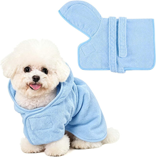 Dog Bathrobe Towel with Hood Super Absorbent Pet Bath Robe for Small Medium Dogs Quick Drying Doggy Bath Towel Coat with Adjustable Waistband Soft Pet Grooming Robe (Blue, S(Up to 8Lbs))