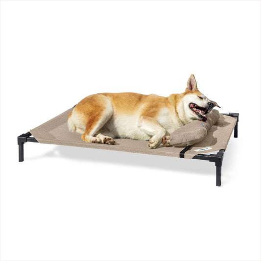 Coolaroo Pro Elevated Dog Bed with Heatshield Fabric – Advanced Cooling Raised Cot for Medium & Large Breeds, Easy-Clean, Low-To-Ground Access, Bonus Bolster Pillow – Great Sandy Beige