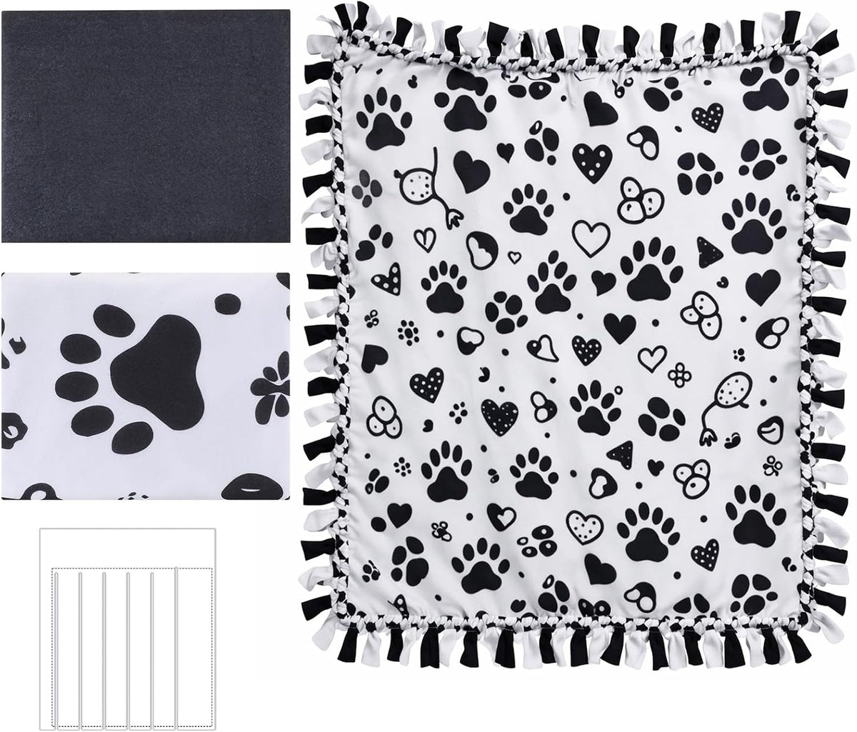 Hunnmingre 3 Pcs No Sew Blanket Kit,Paw Print,Black and White