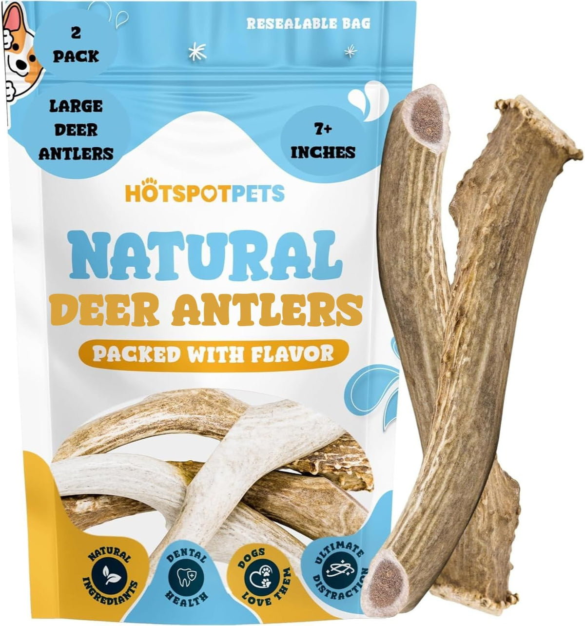 Hotspot Pets Premium USA Sourced Deer Antlers for Dogs - 7+ Inch Large Antler Dog Chews (2 Pack) Naturally Shed Antler Bone for Large Breed Aggressive Chewers - Promotes Dental Hygiene