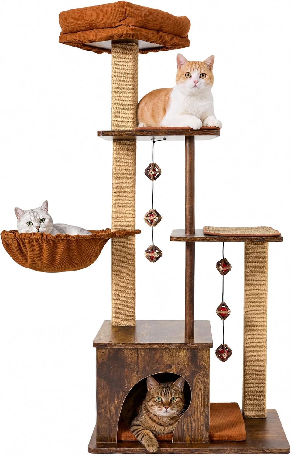 FUKUMARU Retro-Modern Cat Tree, 4 in 1 Large Cat Tower with Hammock & Condo