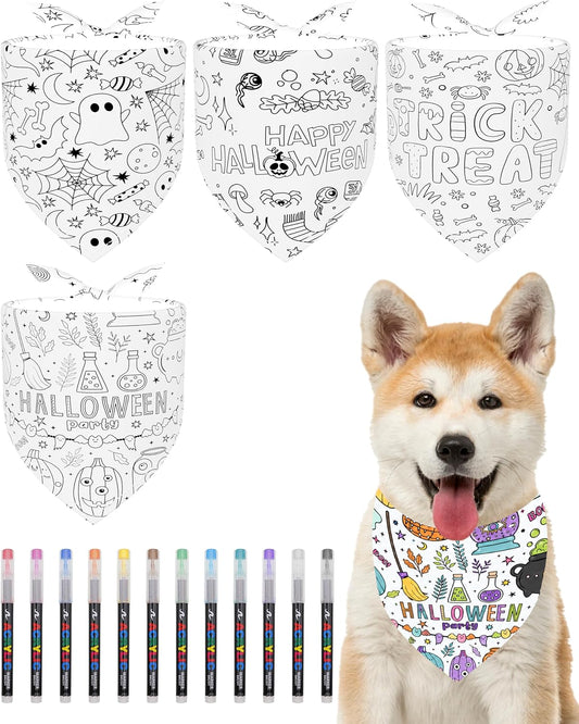 PET SHOW 4 Pack DIY Coloring Halloween Dog Bandanas with 12 Acrylic Markers